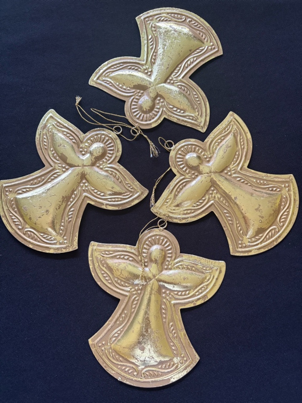 Distressed Gold Metal Angel Ornaments Set of 4  Holiday or Year Round Decor